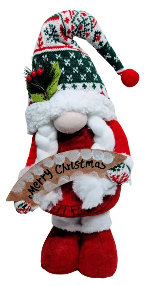 Plush Standing Gnome Wearing Green Printed Winter Hat with Merry Christmas Sign
