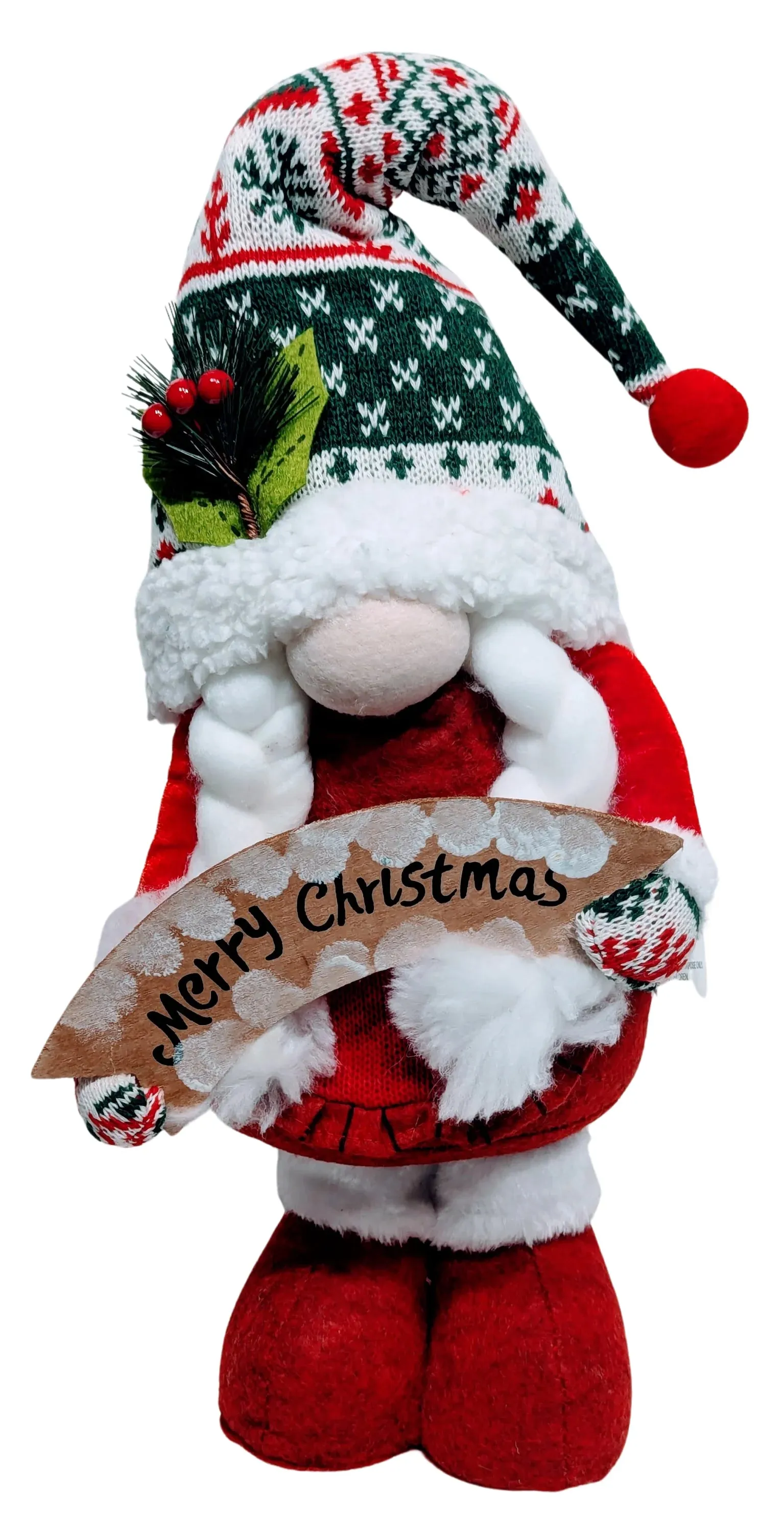 Plush Standing Gnome Wearing Green Printed Winter Hat with Merry Christmas Sign
