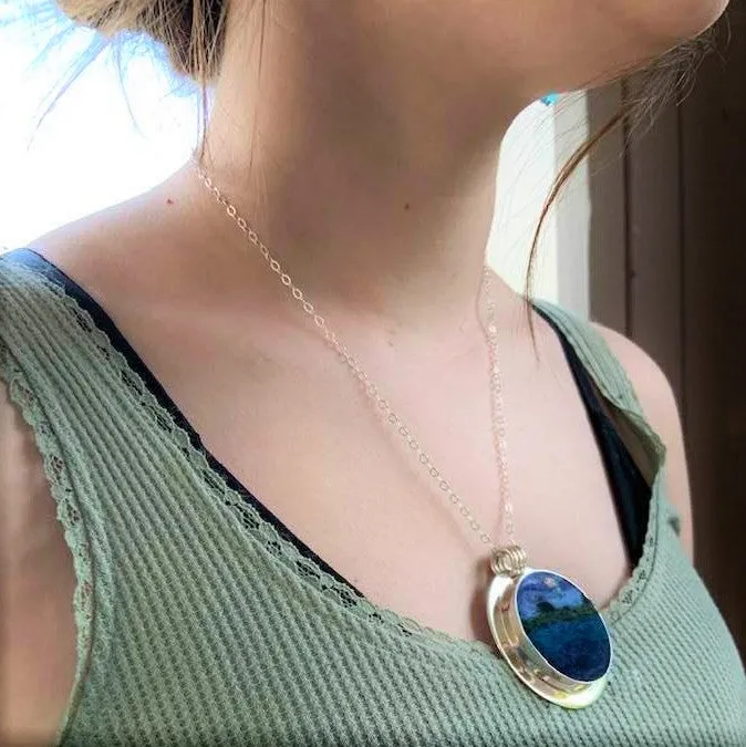 "Full Moon Over the Lake" Miniature Wool Painting Felted Pendant Necklace