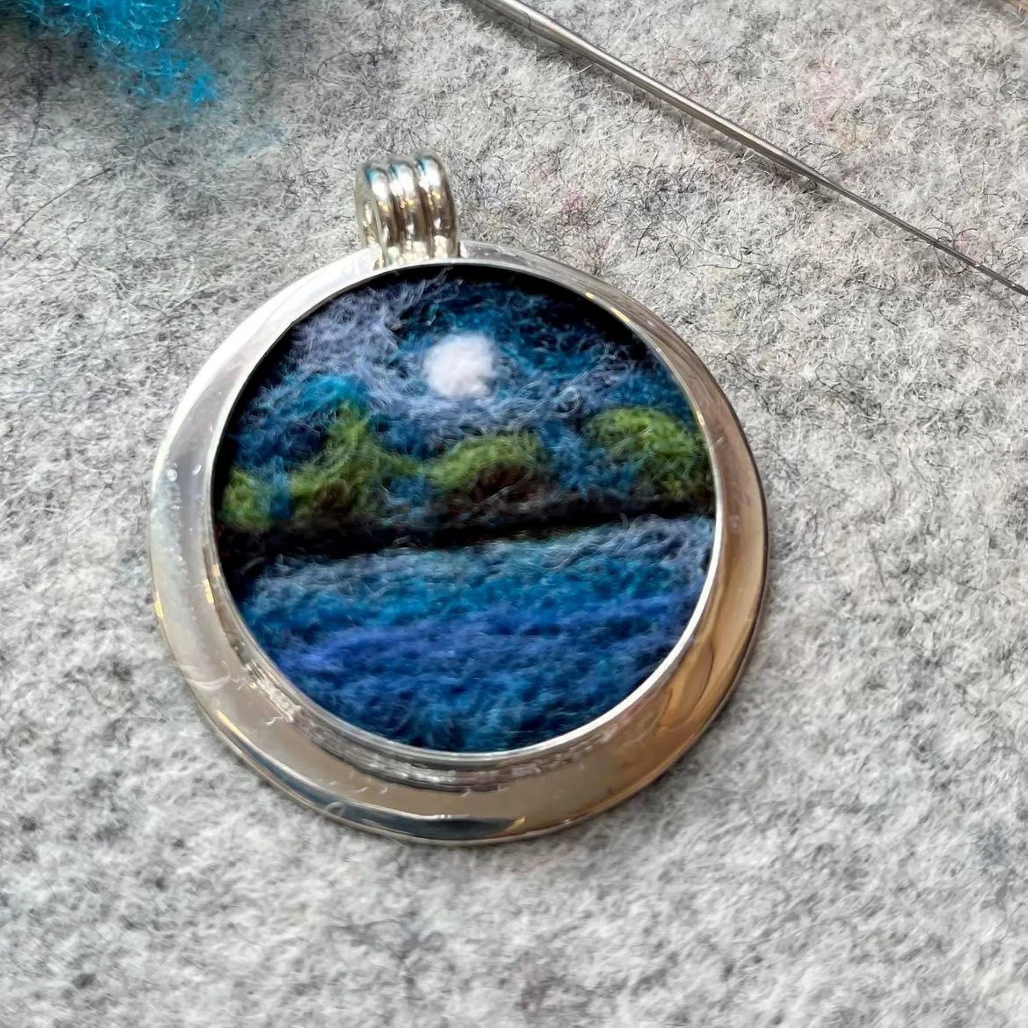 "Full Moon Over the Lake" Miniature Wool Painting Felted Pendant Necklace