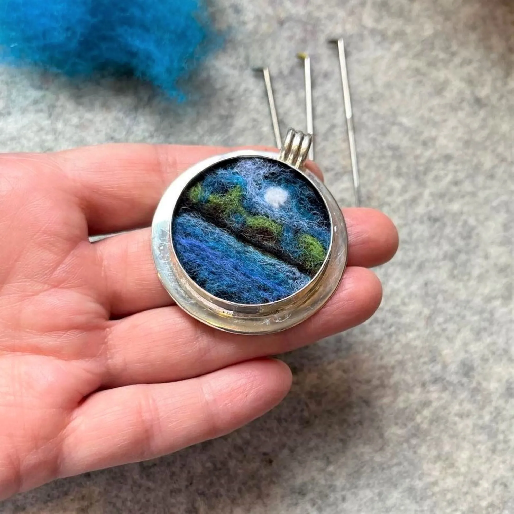 "Full Moon Over the Lake" Miniature Wool Painting Felted Pendant Necklace