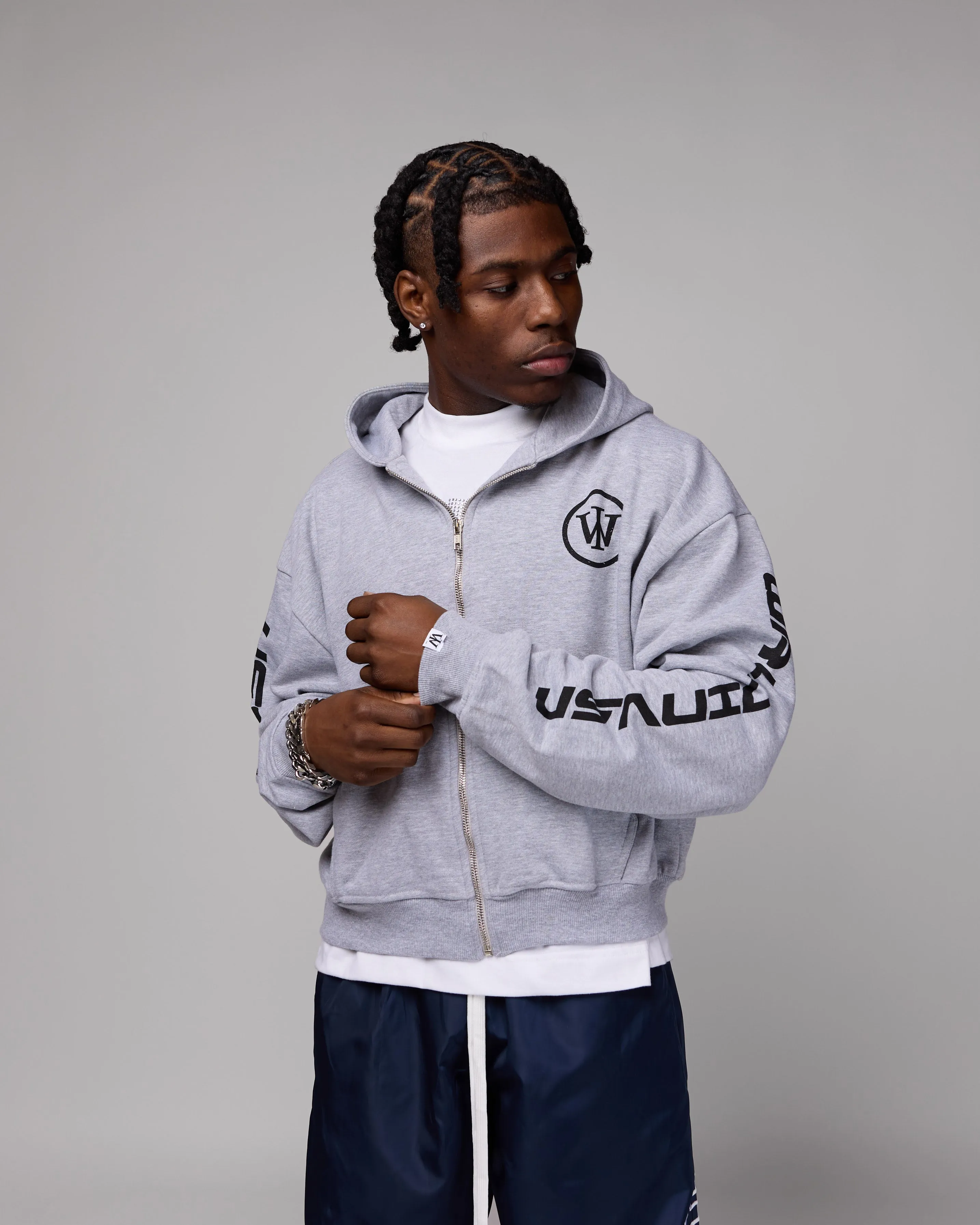 Retro Cropped Zip-Up Hoodie (Heather Grey/Black) [Boxy   Oversized]