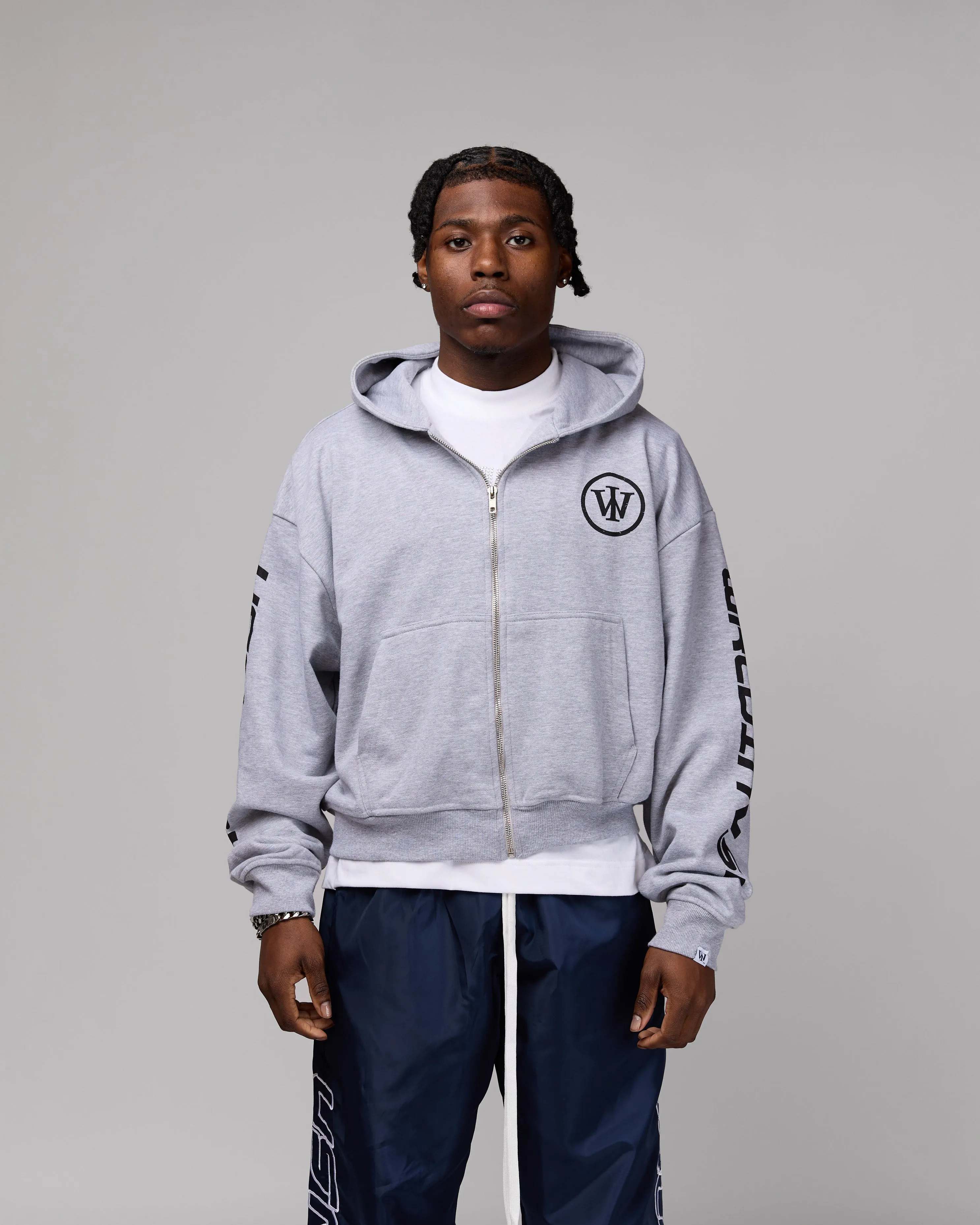 Retro Cropped Zip-Up Hoodie (Heather Grey/Black) [Boxy   Oversized]