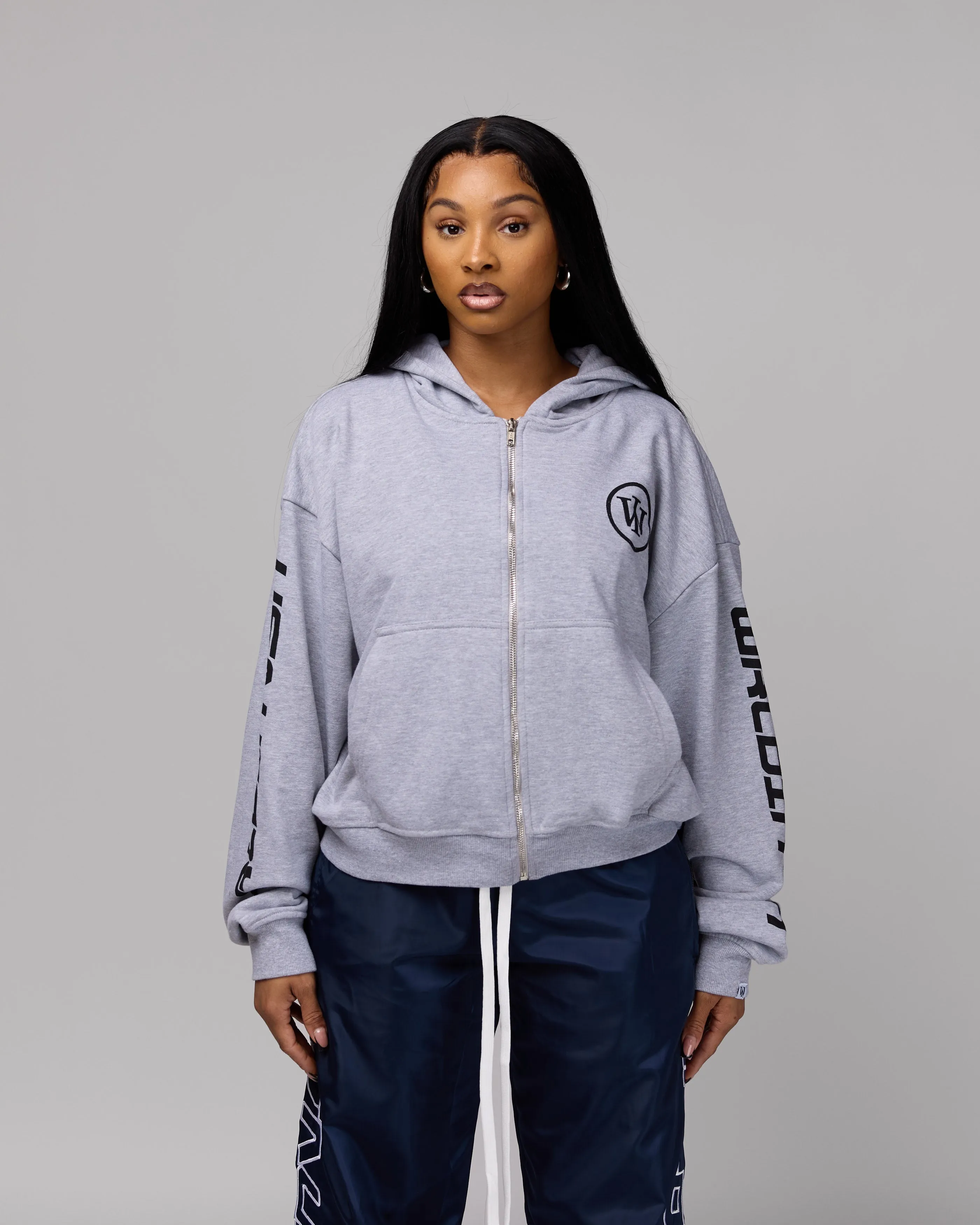 Retro Cropped Zip-Up Hoodie (Heather Grey/Black) [Boxy   Oversized]