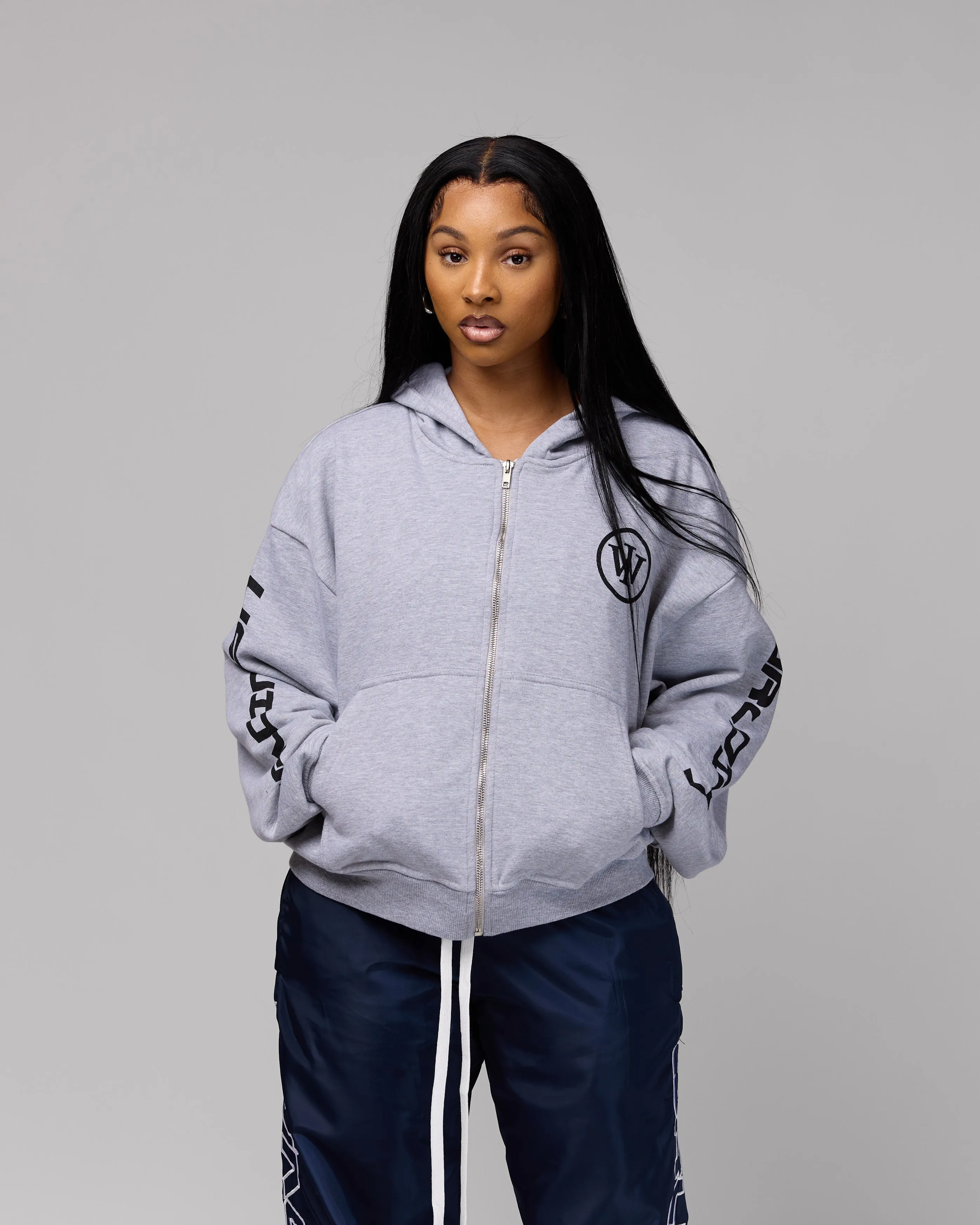 Retro Cropped Zip-Up Hoodie (Heather Grey/Black) [Boxy   Oversized]