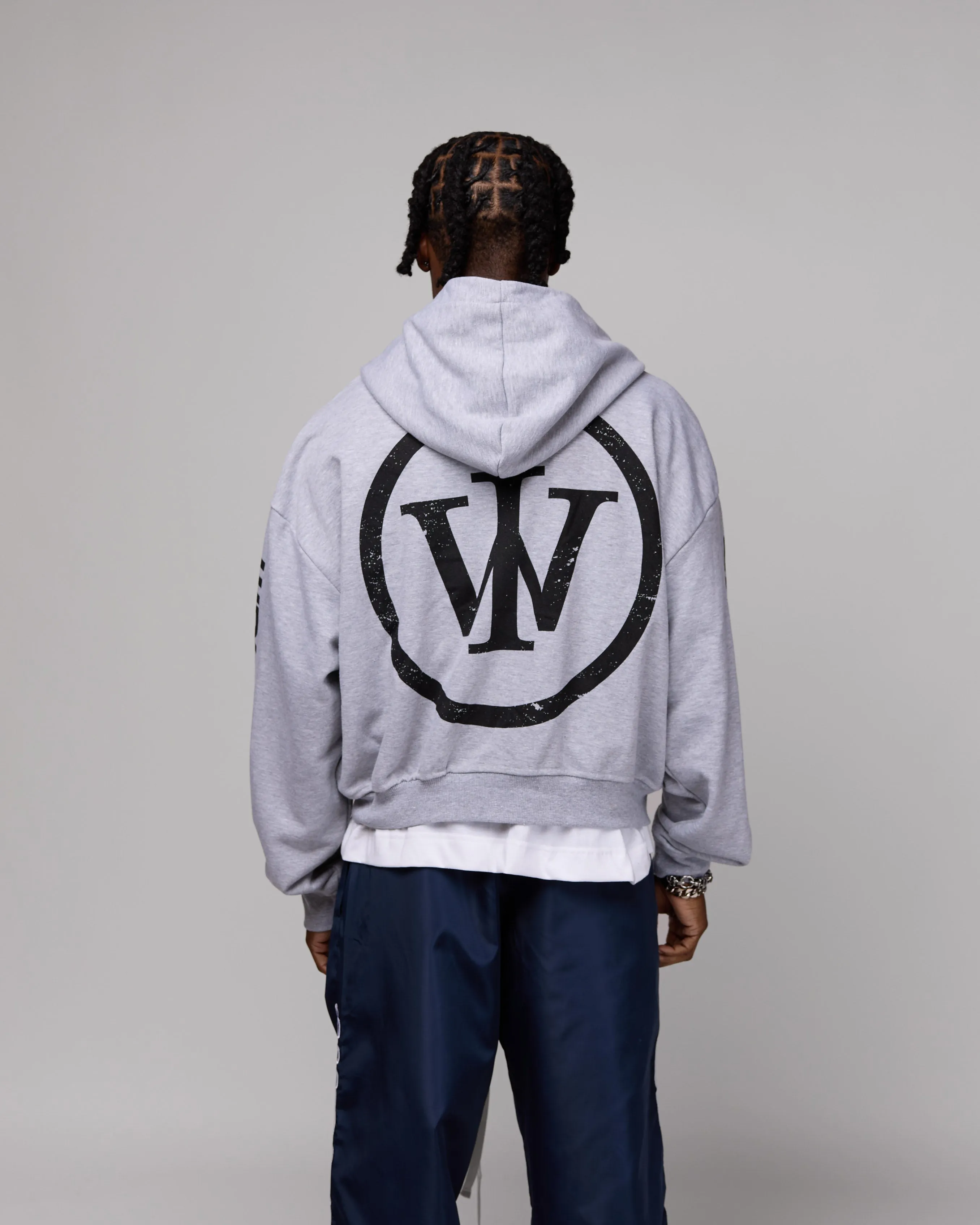 Retro Cropped Zip-Up Hoodie (Heather Grey/Black) [Boxy   Oversized]
