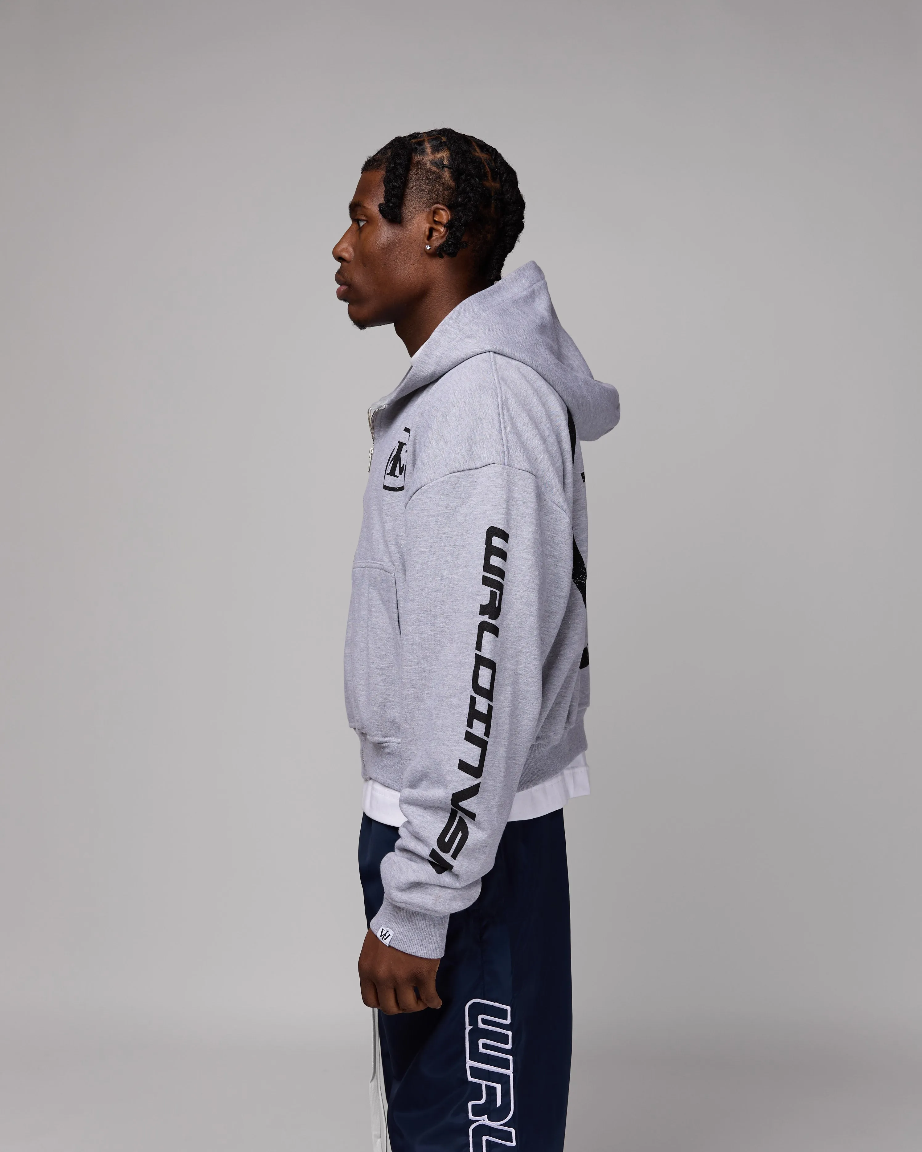 Retro Cropped Zip-Up Hoodie (Heather Grey/Black) [Boxy   Oversized]