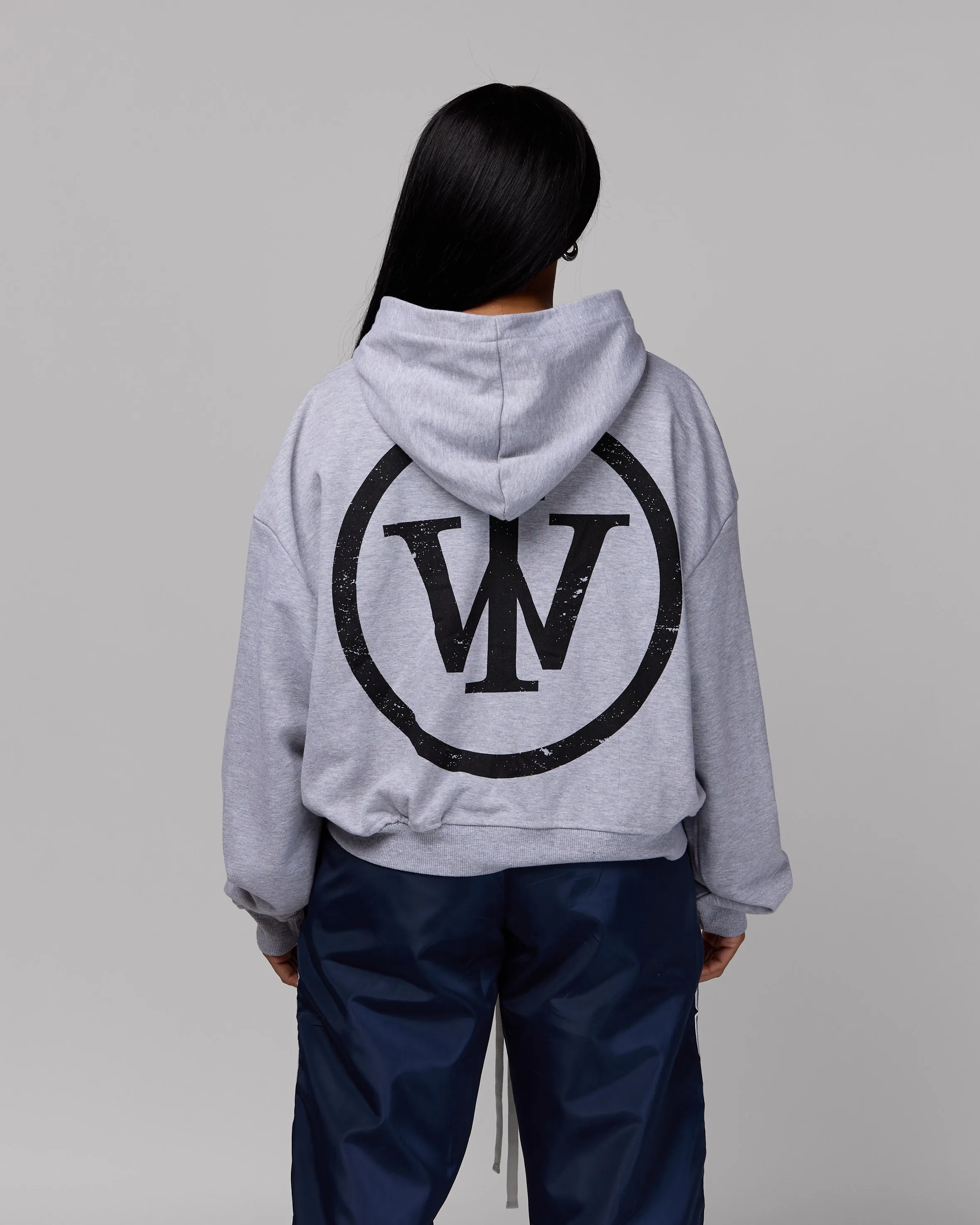 Retro Cropped Zip-Up Hoodie (Heather Grey/Black) [Boxy   Oversized]