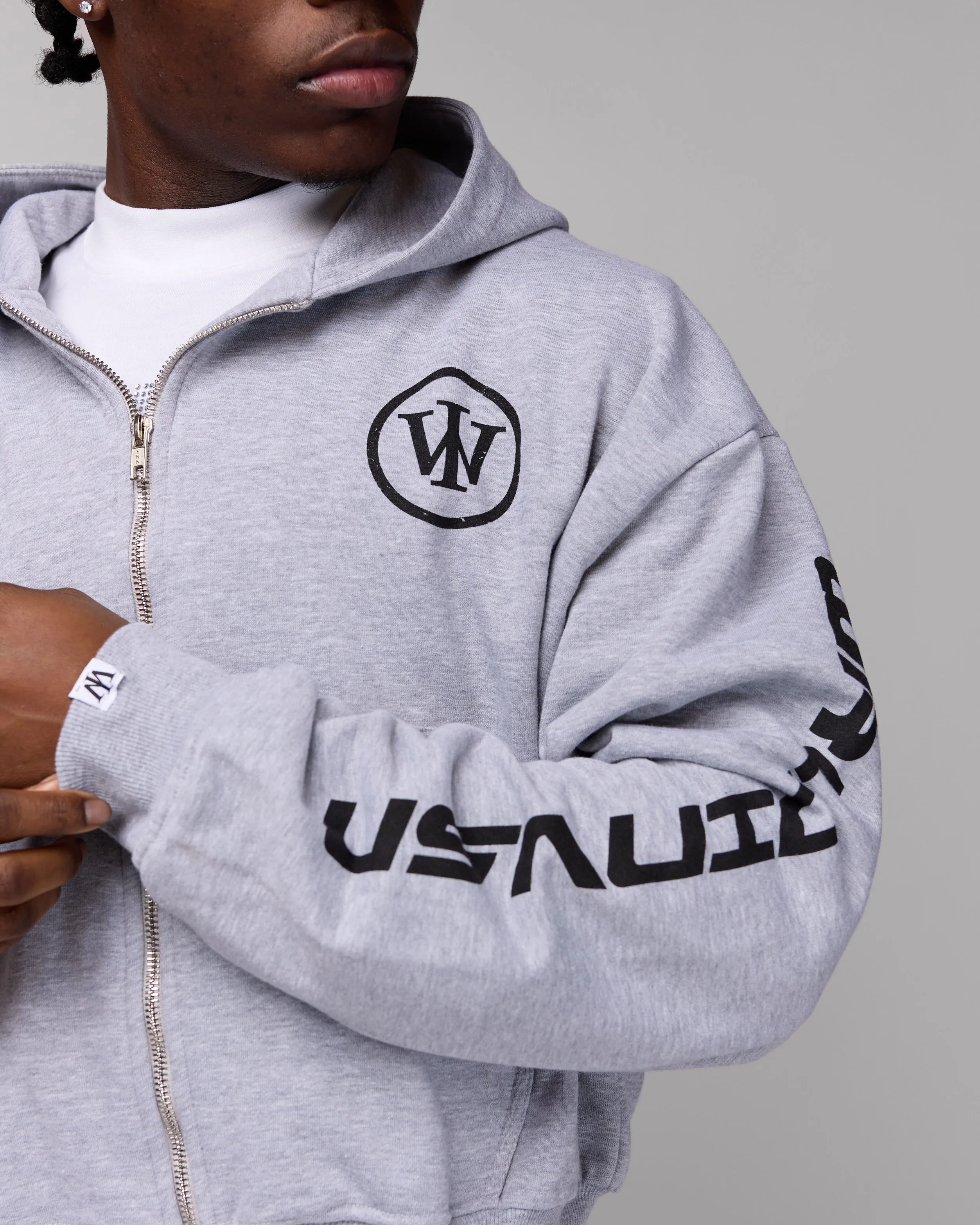 Retro Cropped Zip-Up Hoodie (Heather Grey/Black) [Boxy   Oversized]