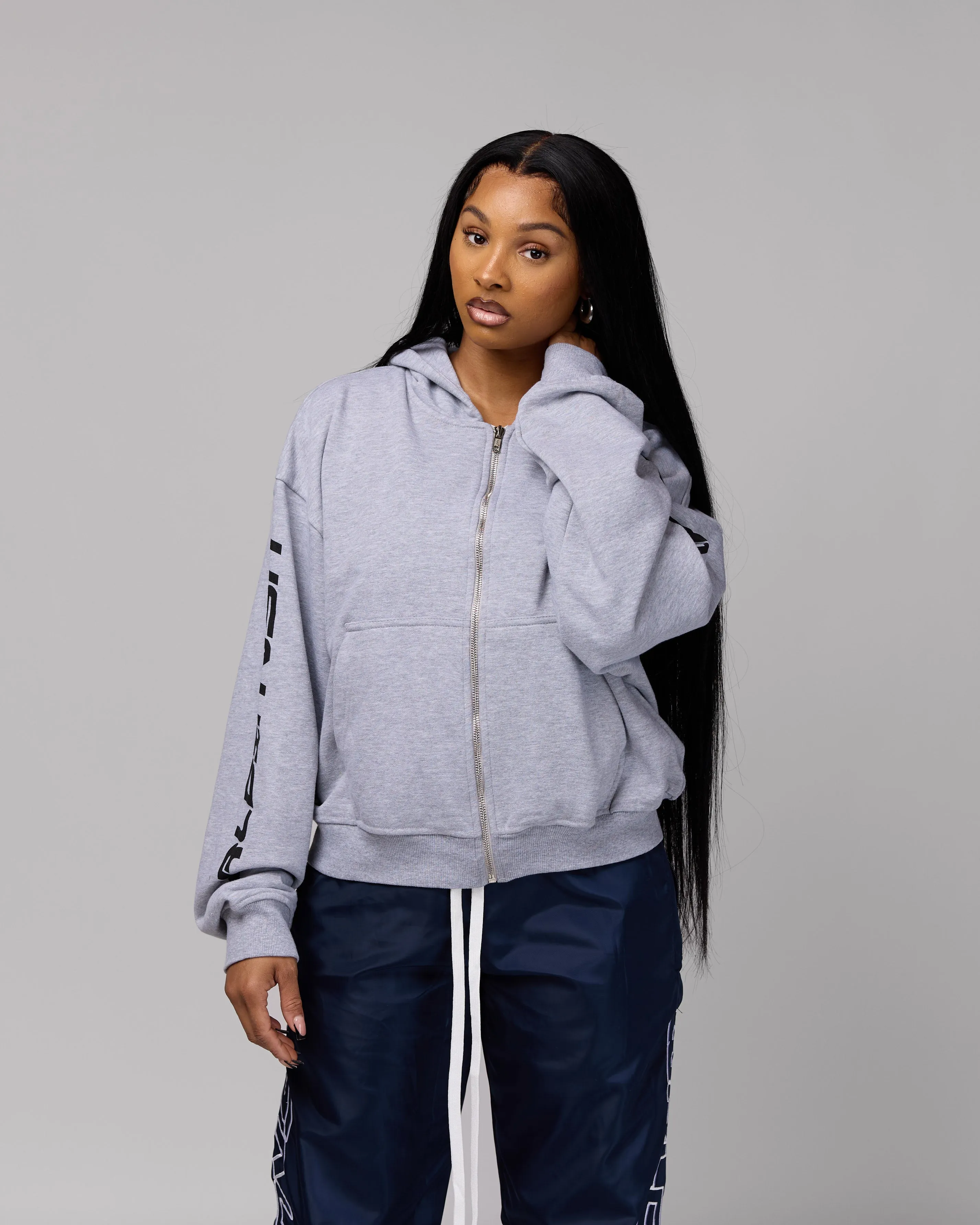 Retro Cropped Zip-Up Hoodie (Heather Grey/Black) [Boxy   Oversized]