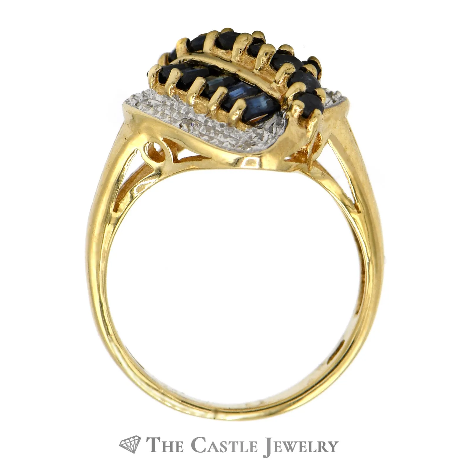 Round and Baguette Sapphire Cluster Ring with Illusion Set Diamond Accents in 10k Yellow Gold