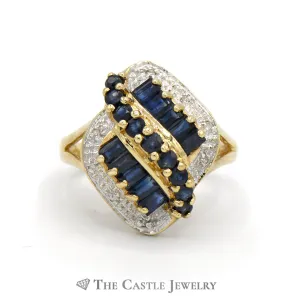 Round and Baguette Sapphire Cluster Ring with Illusion Set Diamond Accents in 10k Yellow Gold