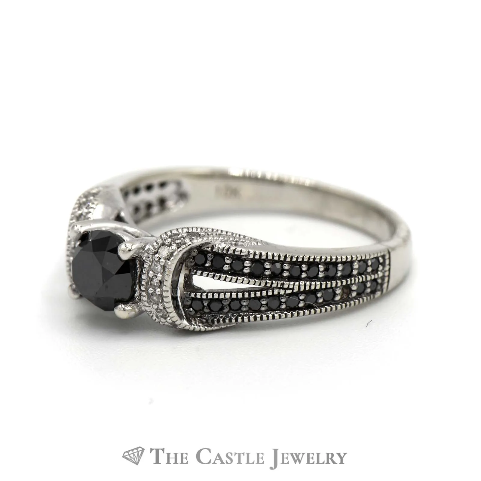 Round Black Diamond Engagement Ring with White and Black Diamond Accents in 10k White Gold Split Shank Setting