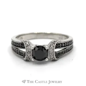 Round Black Diamond Engagement Ring with White and Black Diamond Accents in 10k White Gold Split Shank Setting