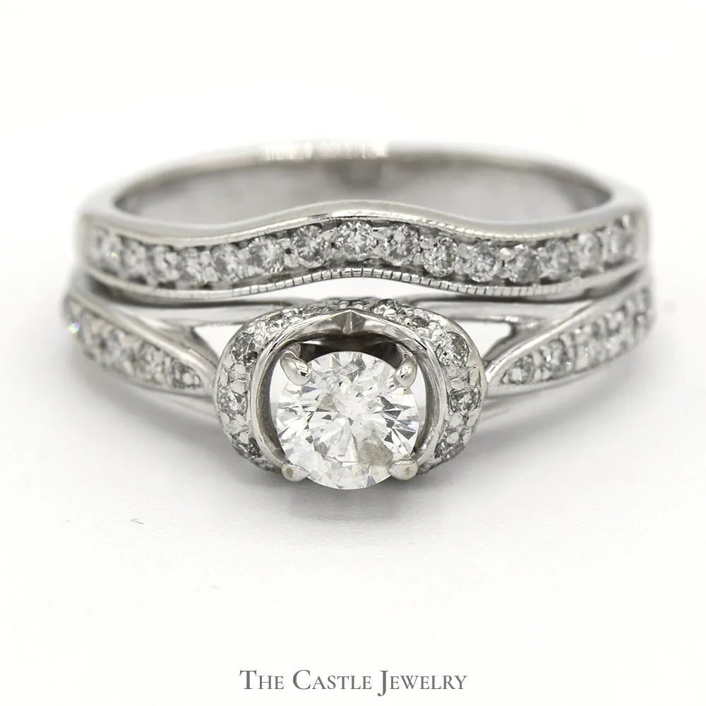 Round Diamond Solitaire Bridal Set with Diamond Accents and Matching Curved Band in 14k White Gold