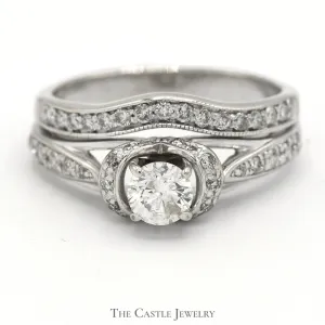 Round Diamond Solitaire Bridal Set with Diamond Accents and Matching Curved Band in 14k White Gold