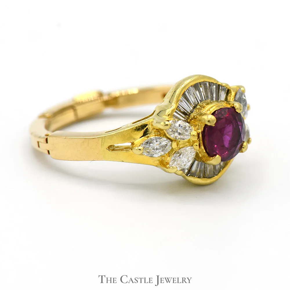 Round Ruby Ring with Baguette and Marquise Diamond Accents in 18k Yellow Gold Arthritic Shank Setting