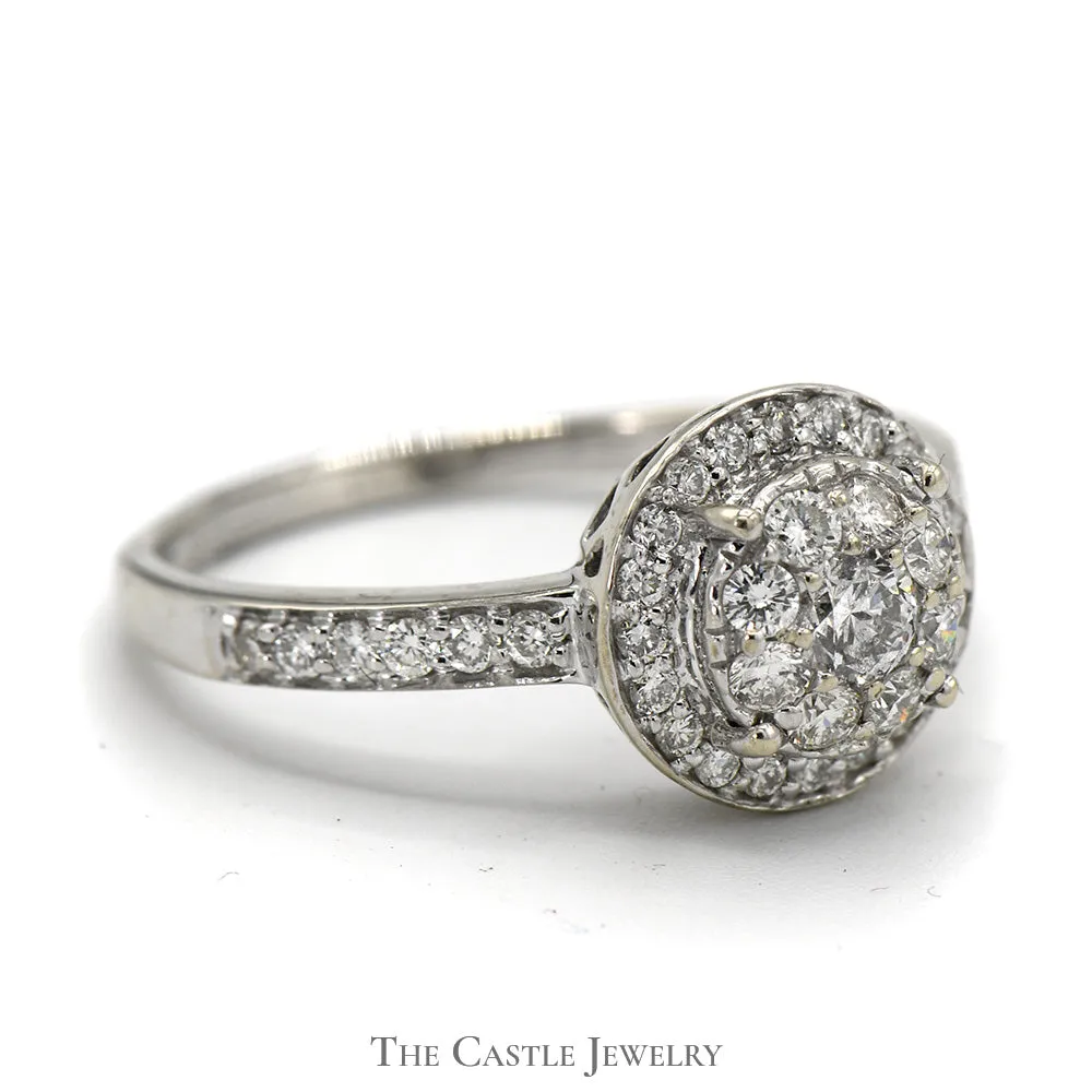 Round Shaped Diamond Cluster Ring with Diamond Halo and Accents in 14k White Gold
