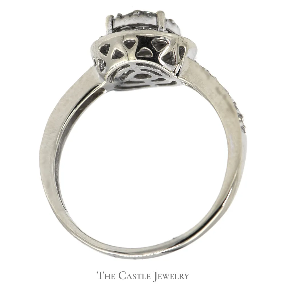 Round Shaped Diamond Cluster Ring with Diamond Halo and Accents in 14k White Gold