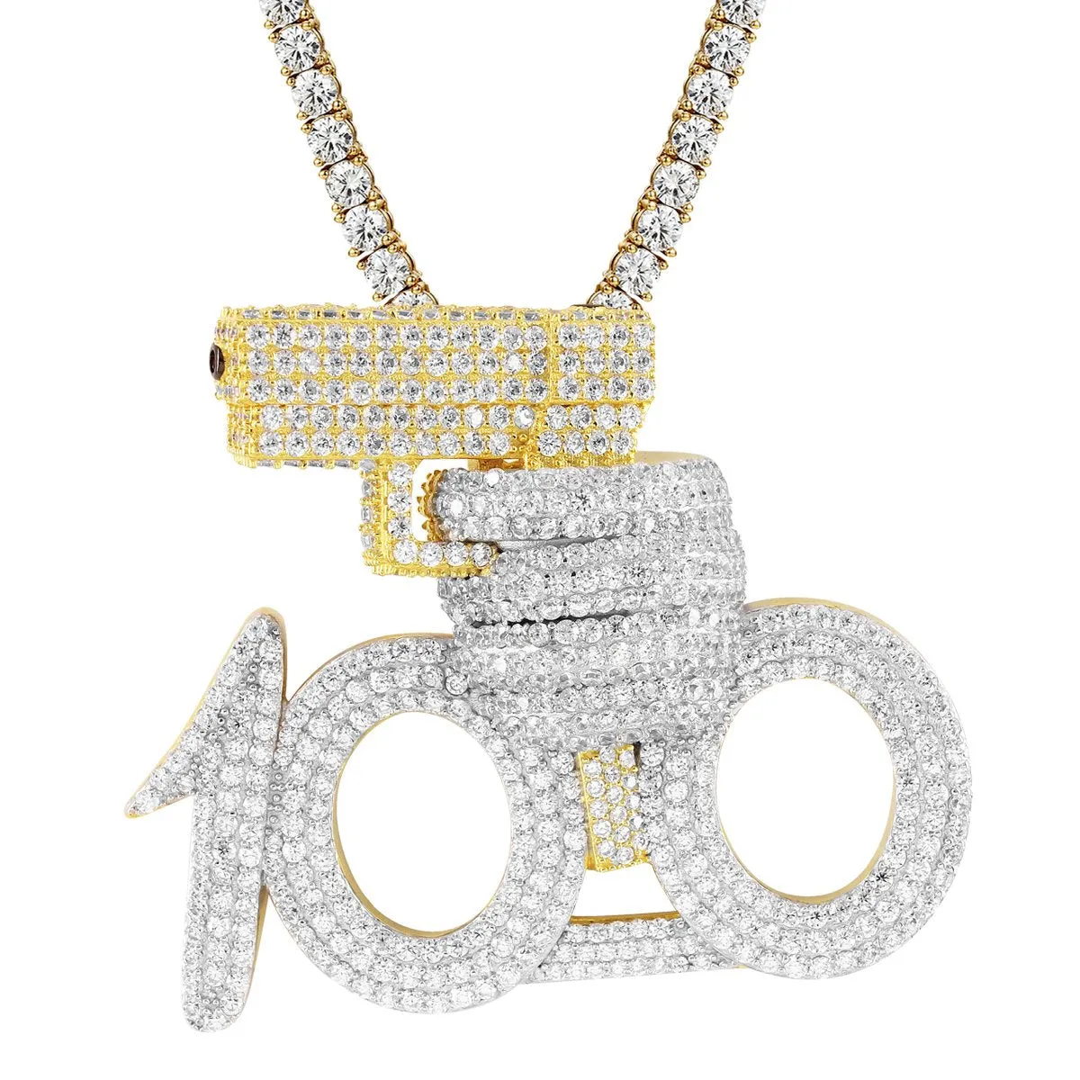 Silver 100 emoji with Gun Rich Shooter  Pendant Chain
