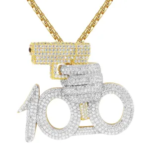 Silver 100 emoji with Gun Rich Shooter  Pendant Chain