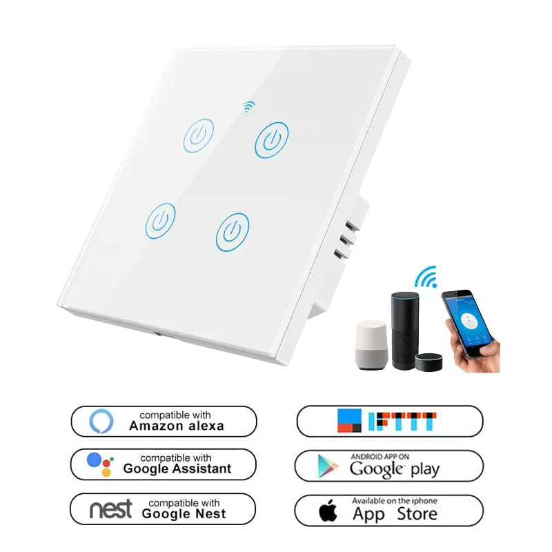 Smart Wi-Fi 4-Gang Touch Light Switch - Voice & App Control | White, Black, Gold
