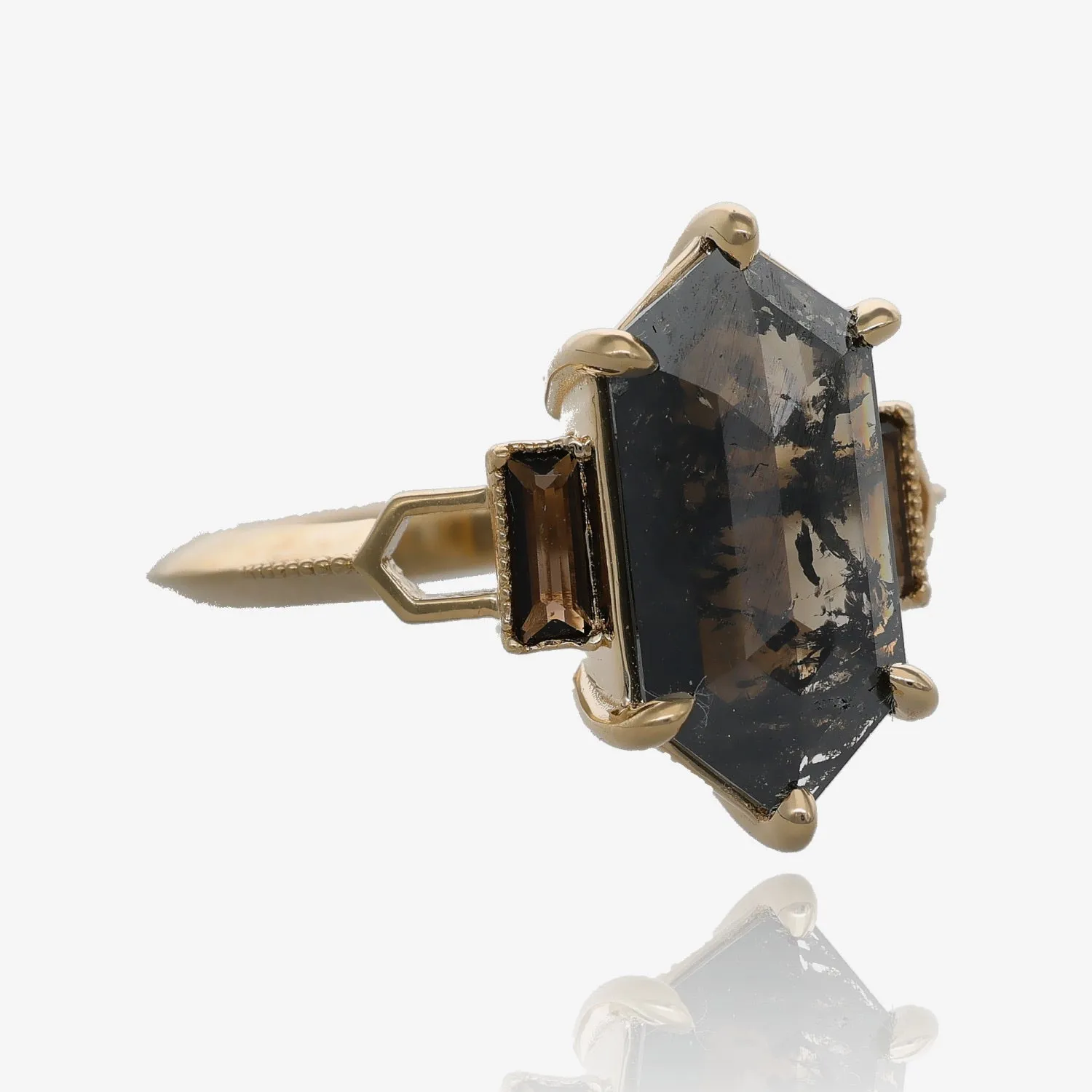Smoky Black and Amber Hexagon Diamond Ring in 14k Yellow Gold