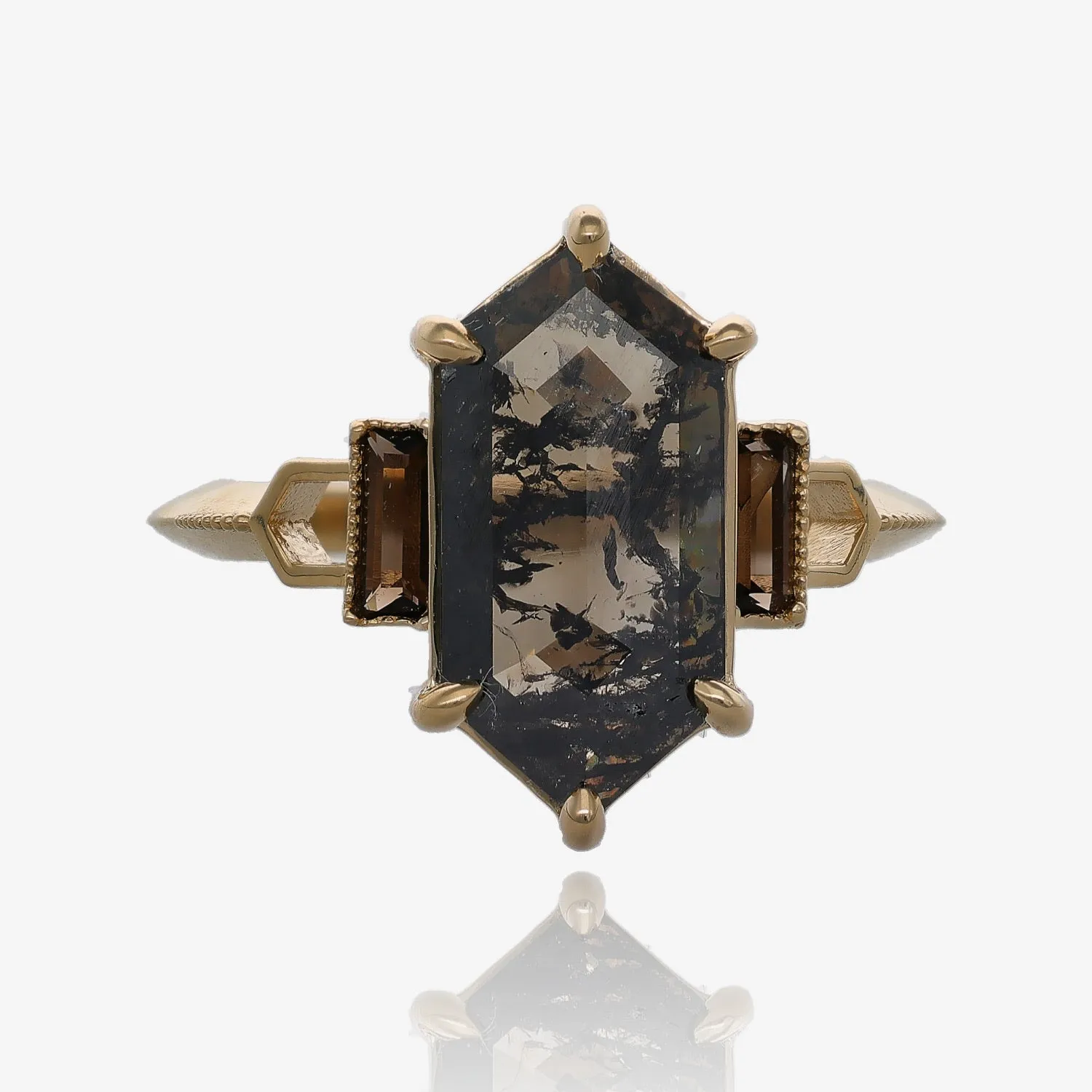 Smoky Black and Amber Hexagon Diamond Ring in 14k Yellow Gold