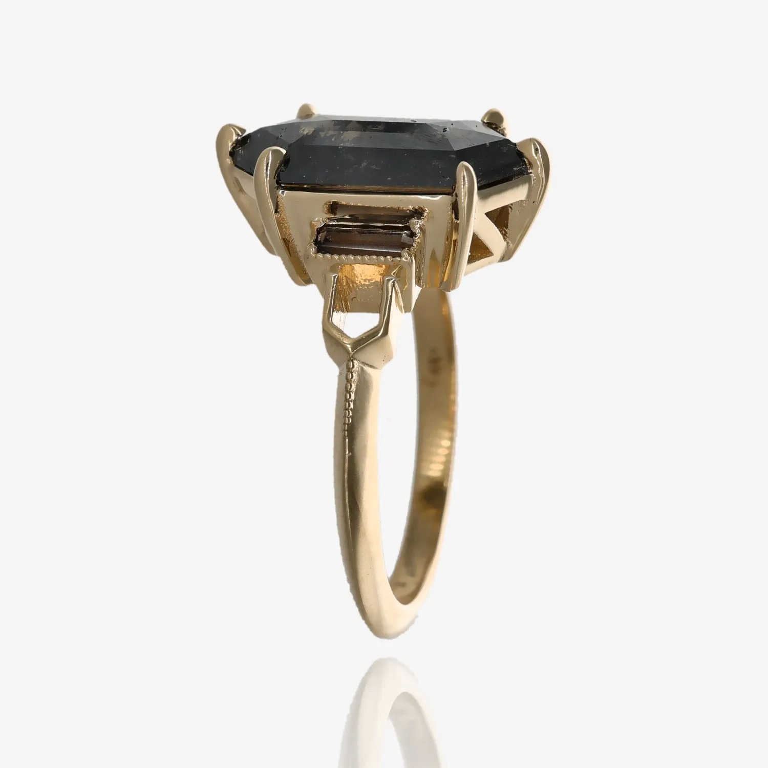 Smoky Black and Amber Hexagon Diamond Ring in 14k Yellow Gold