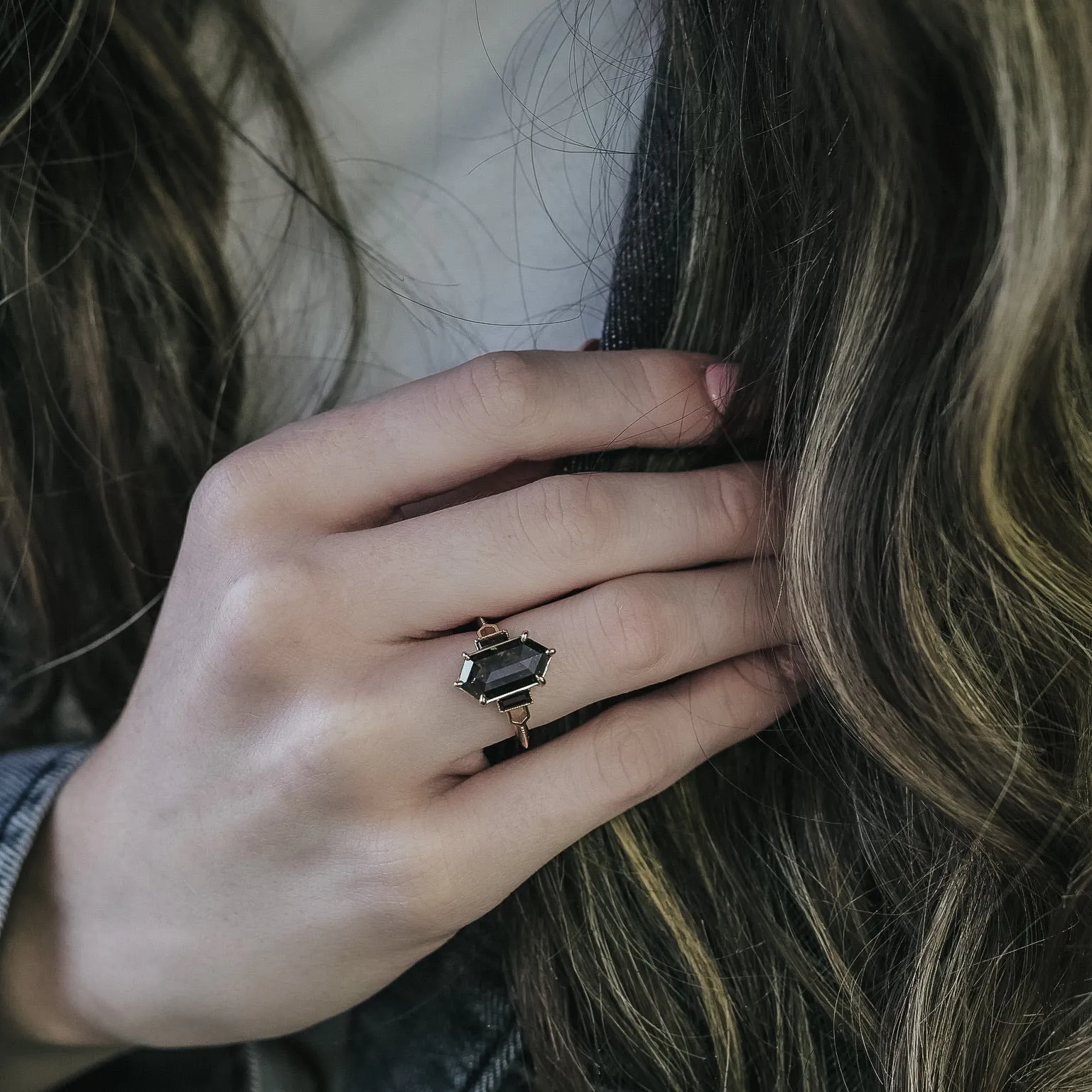 Smoky Black and Amber Hexagon Diamond Ring in 14k Yellow Gold