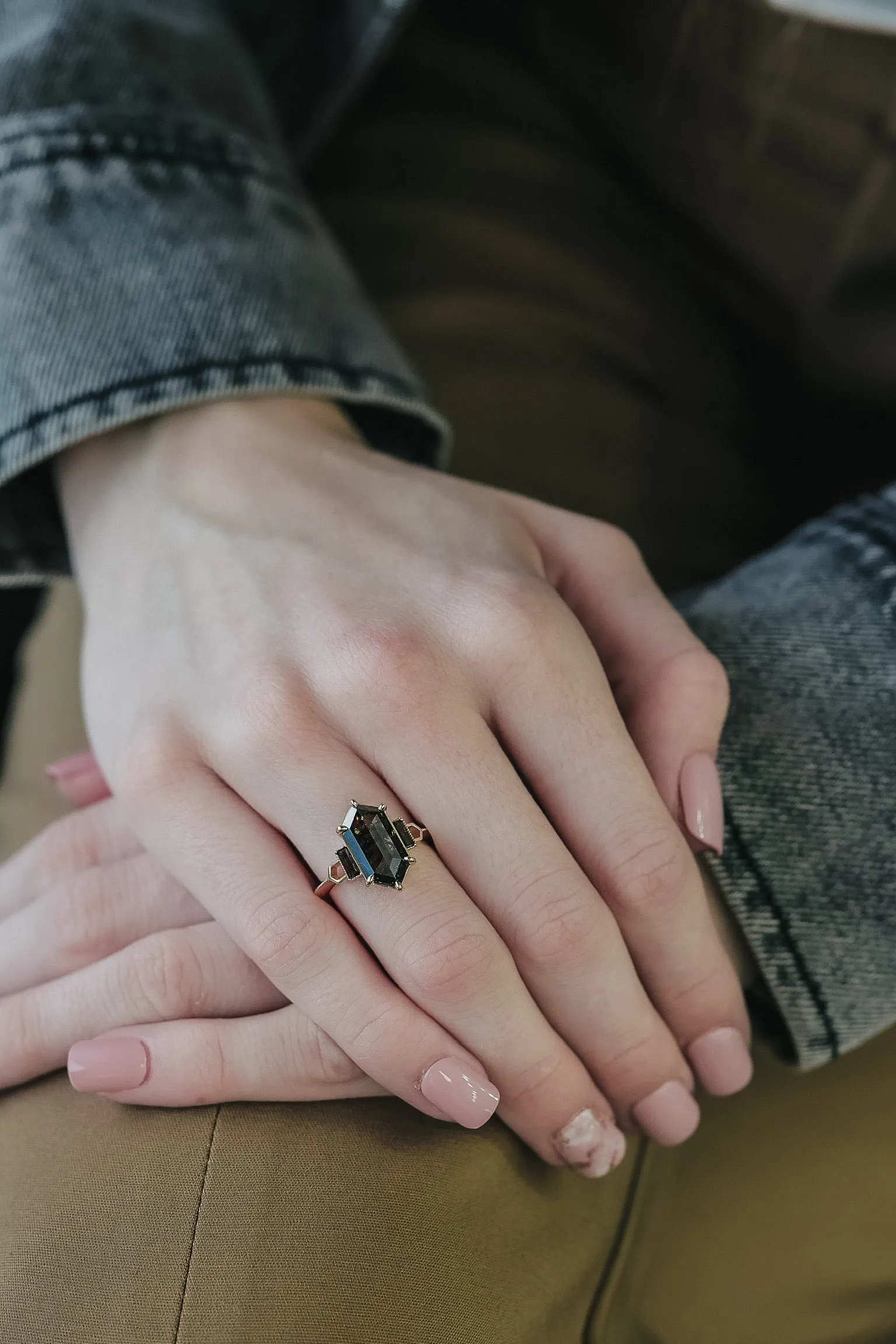 Smoky Black and Amber Hexagon Diamond Ring in 14k Yellow Gold
