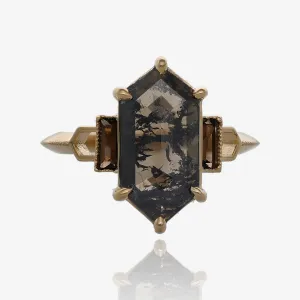 Smoky Black and Amber Hexagon Diamond Ring in 14k Yellow Gold