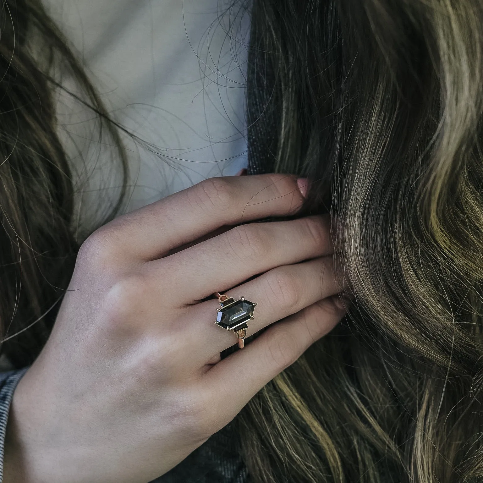 Smoky Black and Amber Hexagon Diamond Ring in 14k Yellow Gold