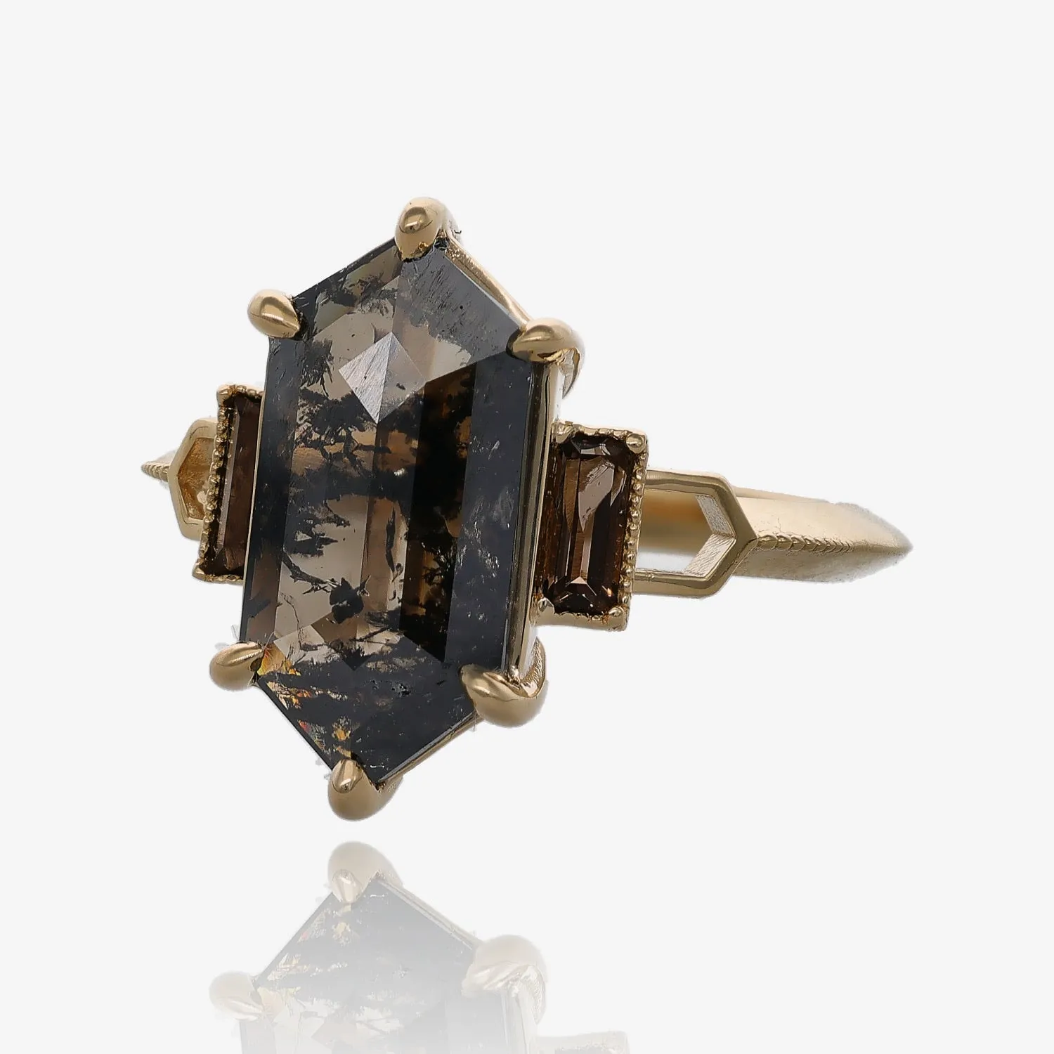 Smoky Black and Amber Hexagon Diamond Ring in 14k Yellow Gold