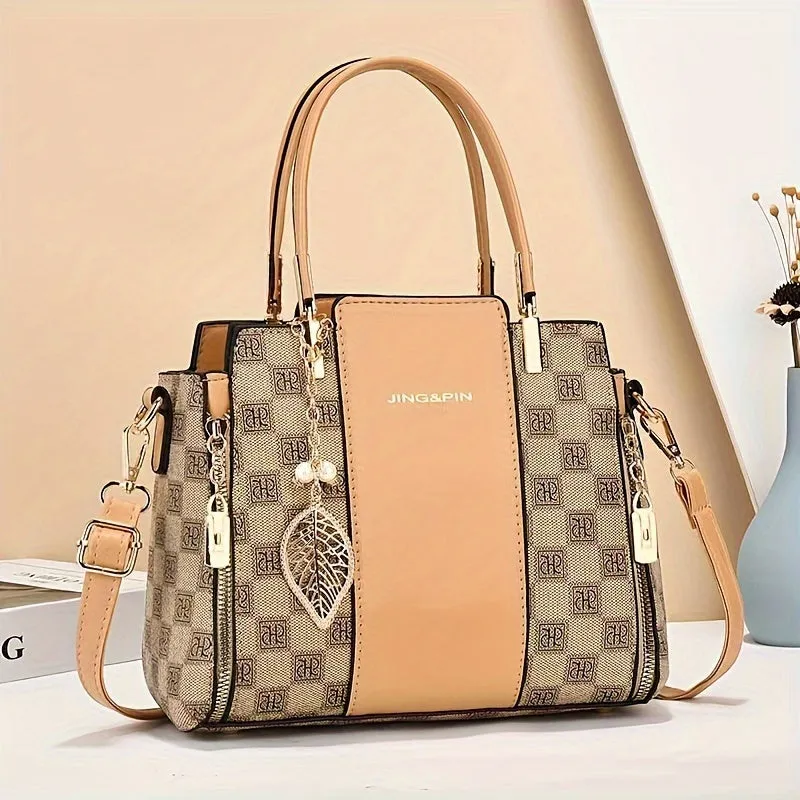 Stylish Tote Handbag Women Adjustable Strap PU Leather Shoulder Bag Zip Closure