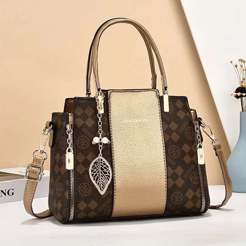 Stylish Tote Handbag Women Adjustable Strap PU Leather Shoulder Bag Zip Closure