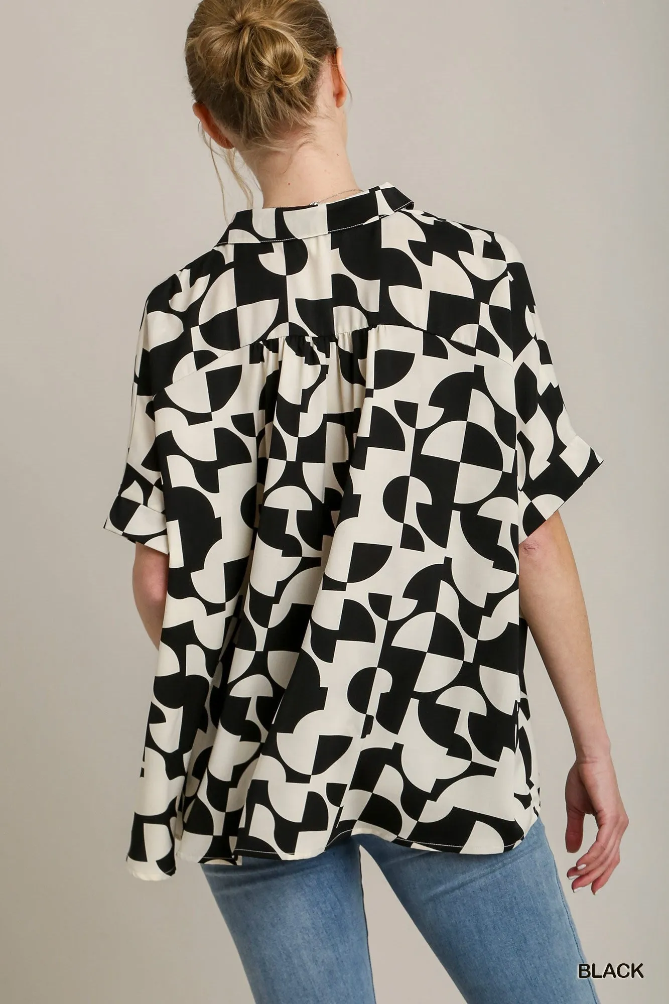 Tara Two Tone Abstract Boxy Cut Button Down Satin Top