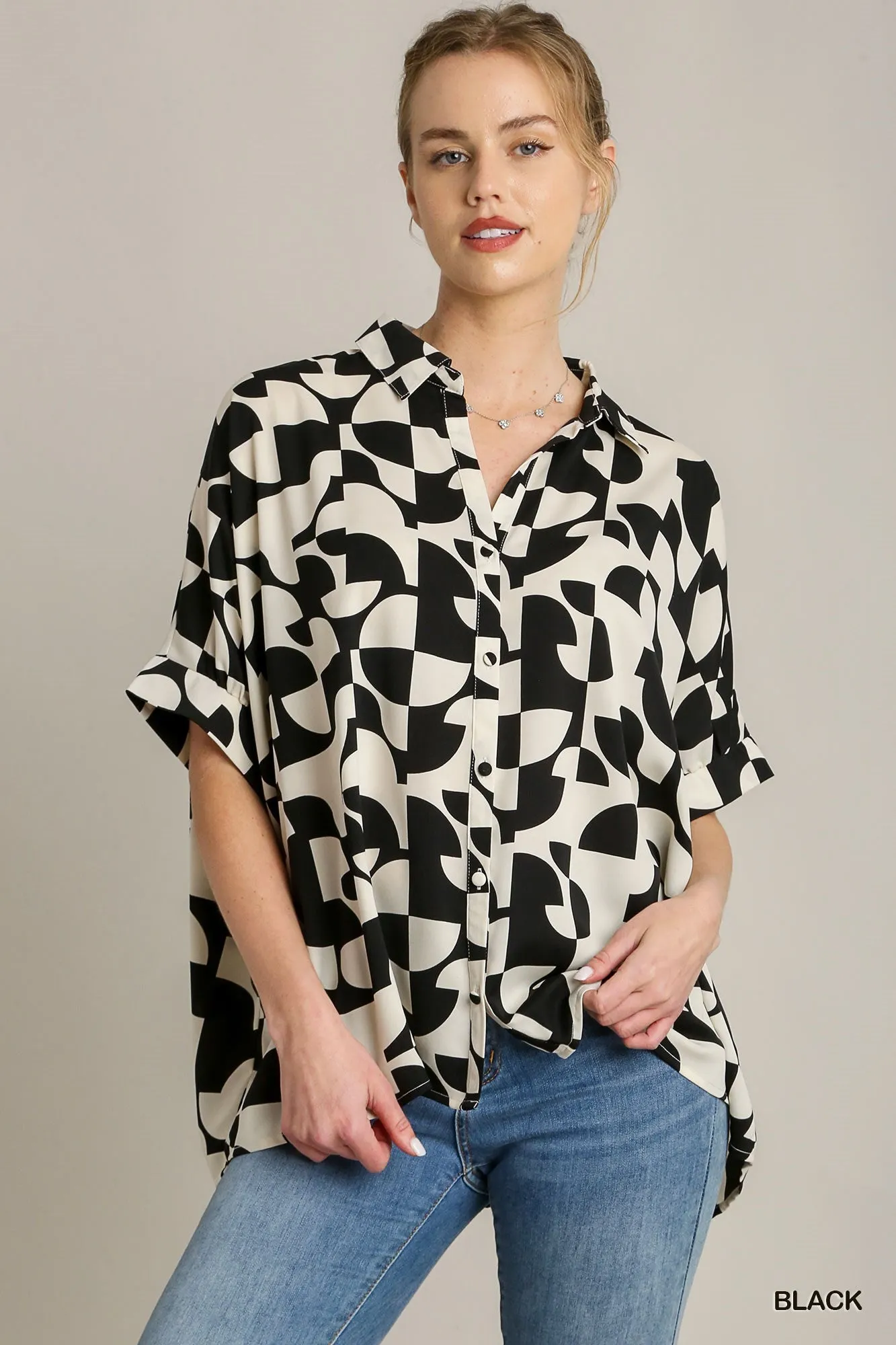 Tara Two Tone Abstract Boxy Cut Button Down Satin Top