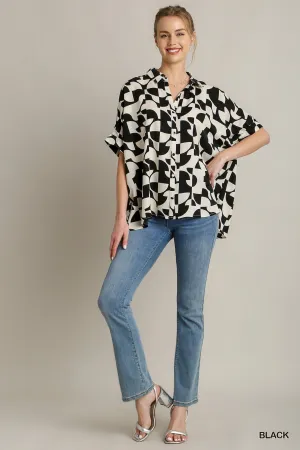 Tara Two Tone Abstract Boxy Cut Button Down Satin Top