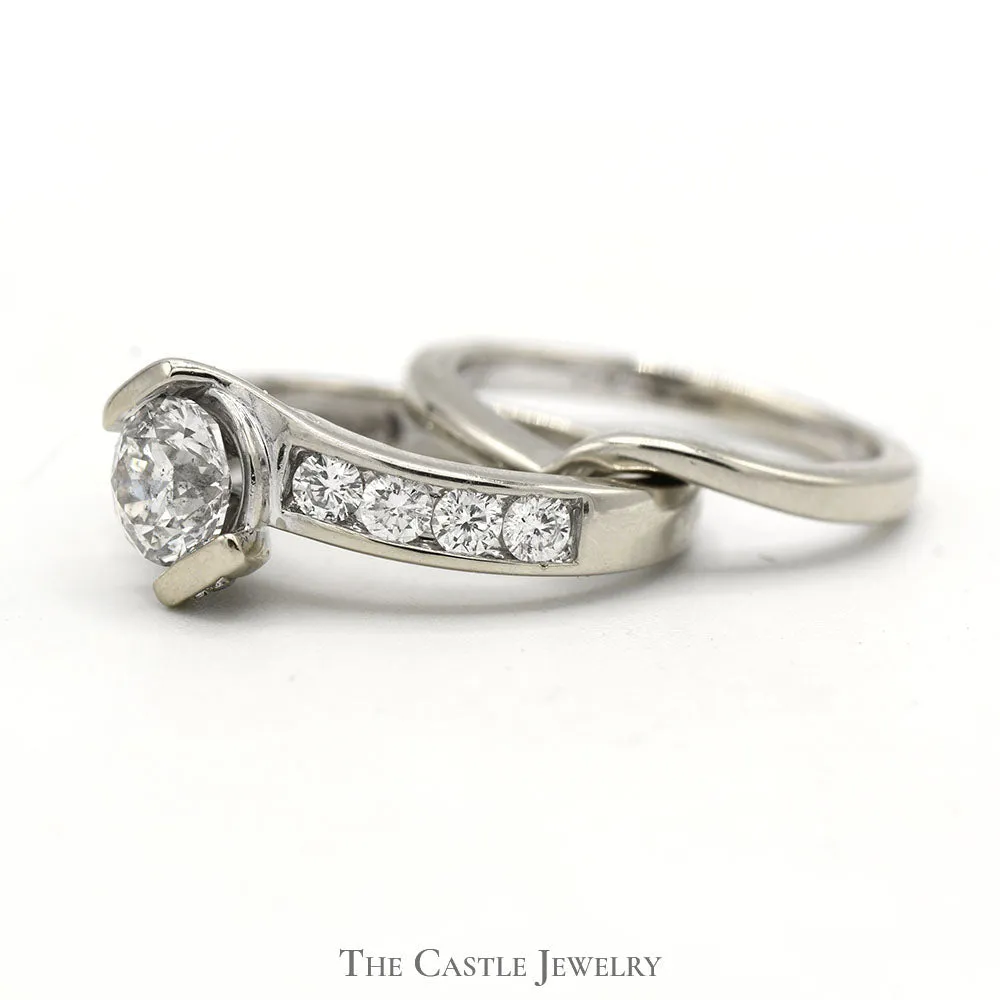Tension Set Diamond Solitaire Bridal Set with Channel Set Diamond Accents in 14k White Gold