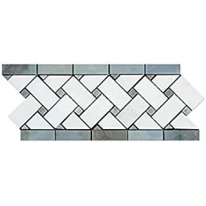 Thassos White Greek Marble Basketweave Border Mosaic Tile with Blue & Gray Marble Dots, Polished