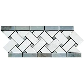 Thassos White Greek Marble Basketweave Border Mosaic Tile with Blue & Gray Marble Dots, Polished