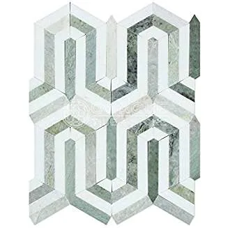 Thassos White Greek Marble Berlinetta Design Mosaic Tile with Ming Green, Polished