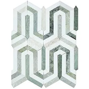 Thassos White Greek Marble Berlinetta Design Mosaic Tile with Ming Green, Polished