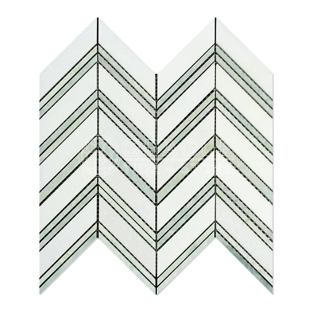 Thassos White Greek Marble Chevron Large (Ming Green Strips) Mosaic Tile, Polished