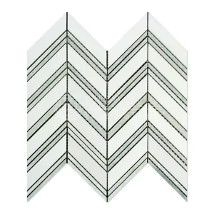 Thassos White Greek Marble Chevron Large (Ming Green Strips) Mosaic Tile, Polished
