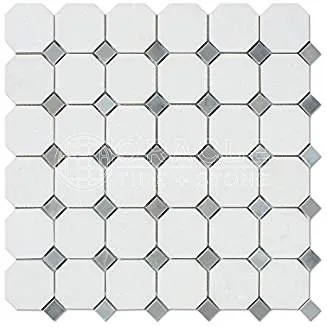 Thassos White Greek Marble Octagon Mosaic Tile with Bardiglio Blue & Gray Marble Dots, Polished
