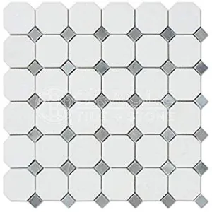 Thassos White Greek Marble Octagon Mosaic Tile with Bardiglio Blue & Gray Marble Dots, Polished