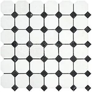 Thassos White Greek Marble Octagon Mosaic Tile with Black Marble Dots, Polished