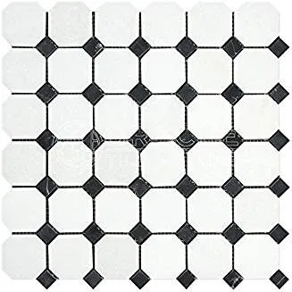 Thassos White Greek Marble Octagon Mosaic Tile with Black Marble Dots, Polished